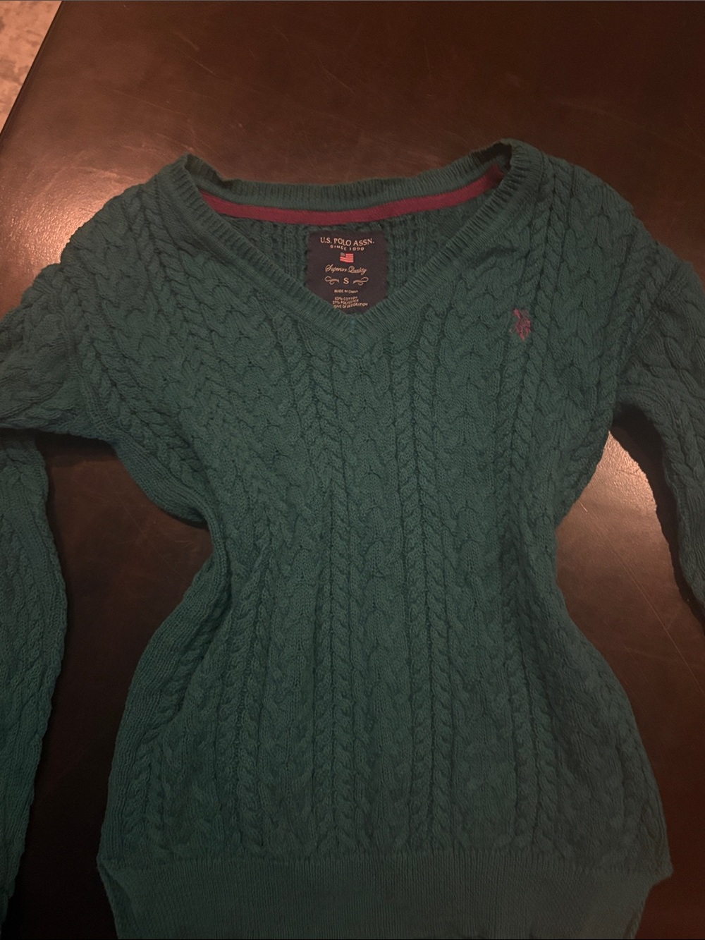 U.S. Polo Assn. Women's Teal Cable-Knit V-Neck Sweater with Pink Logo
